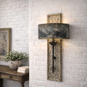 Tall Vintage Wall Sconce with Aged Metal Shade