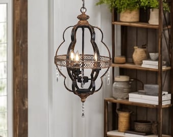 Vintage Rustic Chandelier with Crystal Accents - Farmhouse Iron Pendant Light, Antique Finish, Classic Country Home Decor