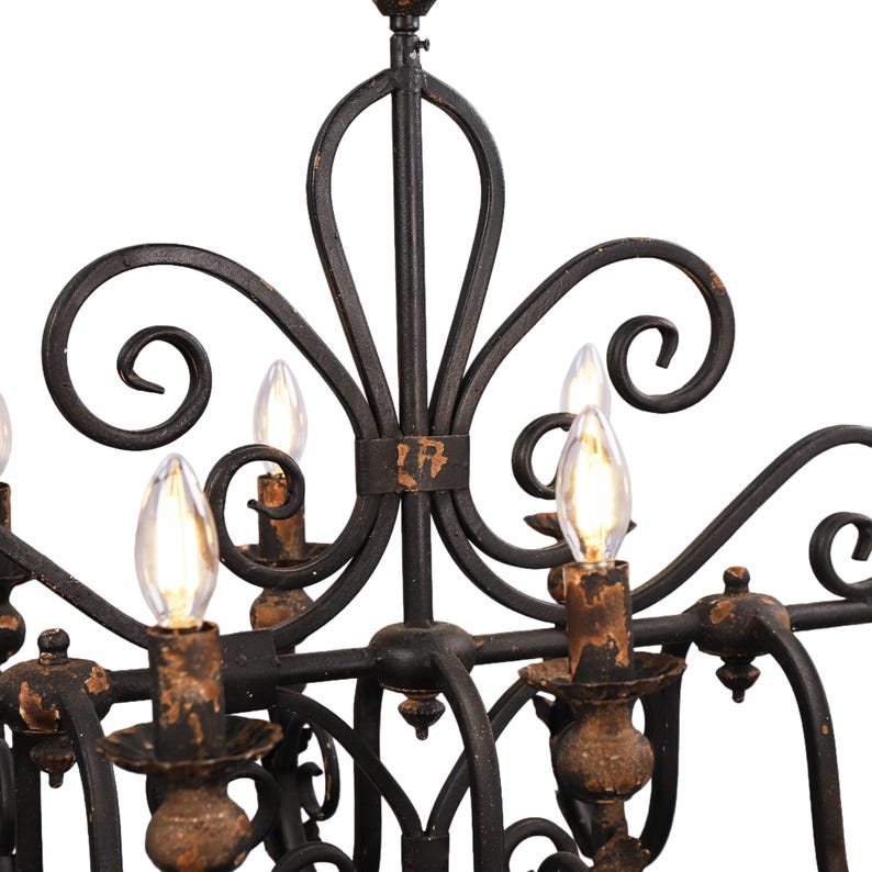 French Country Iron Chandelier, 6 Light Vintage Rustic Ceiling Light image 4