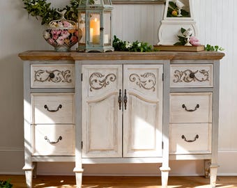Vintage Sideboard Cabinet – Rustic French Country Buffet with Drawers and Doors, Farmhouse Storage Console
