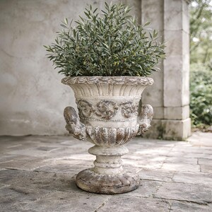 French Antique Style Urn Planter, Distressed White