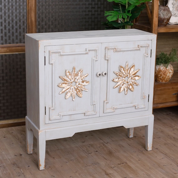 フレンチカントリー　アンティーク風　ホワイト木製キャビネット ガラス扉付き フレンチカントリー アンティーク風 ホワイト木製キャビネット ガラス