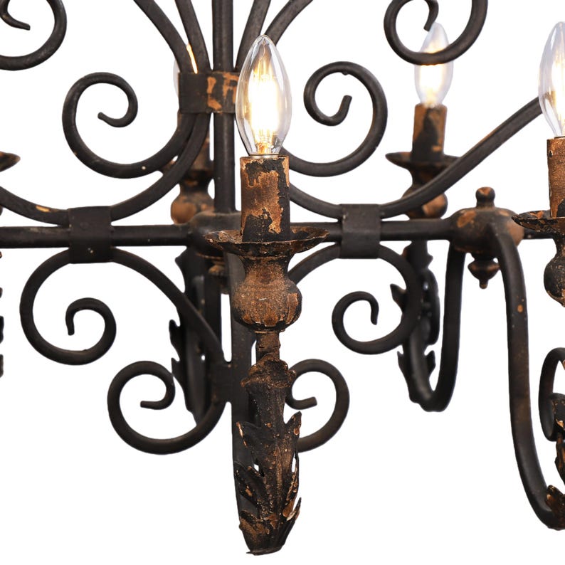French Country Iron Chandelier, 6 Light Vintage Rustic Ceiling Light image 6