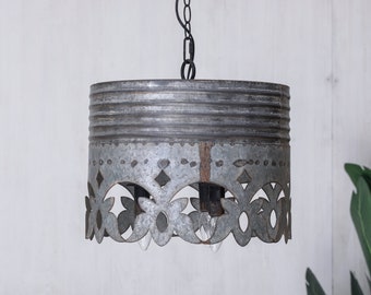 Industrial Rustic Pendant Light - Repurposed Metal Hanging Lamp - Farmhouse Chic Ceiling Fixture