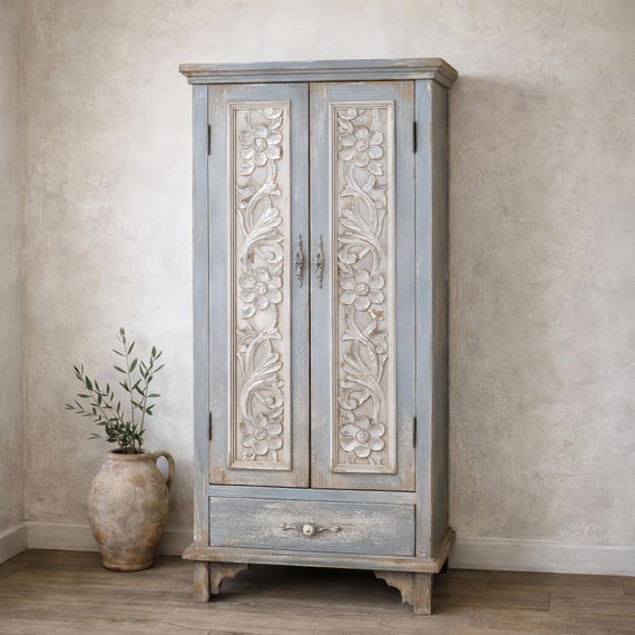 French Country Tall Cabinet with Carved Doors