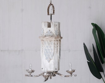 Rustic Carved Wood Chandelier: Distressed French Country Hanging Light