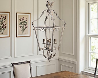 Vintage French Lantern Chandelier – Distressed Iron Pendant Light for Entryway, Foyer or Dining Room