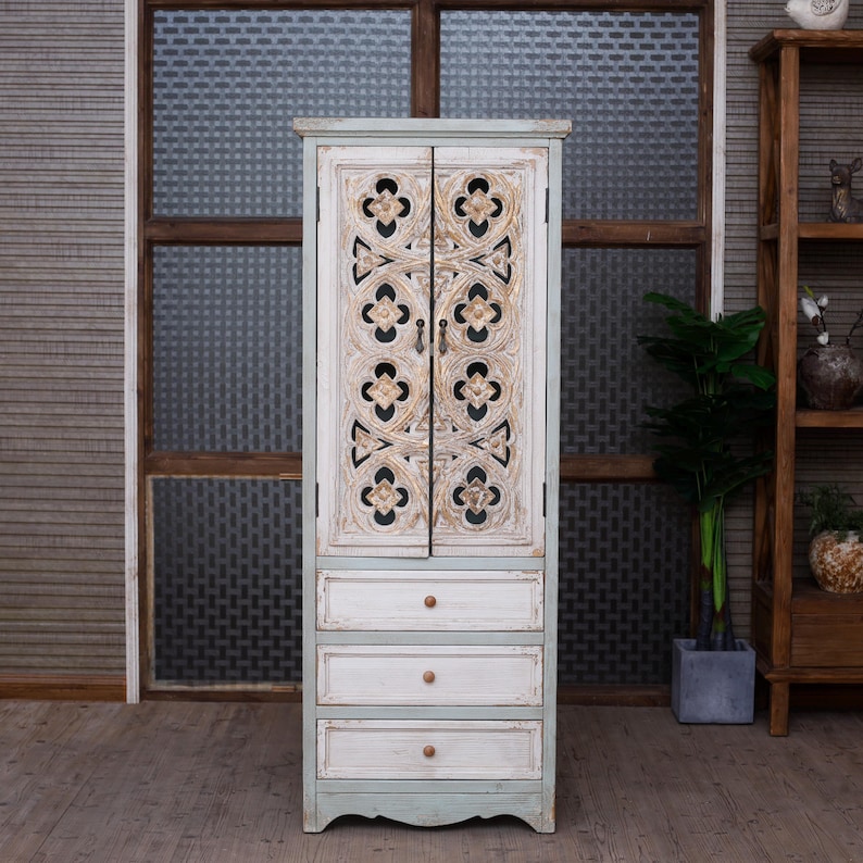 Narrow French Country Tall Cabinet with Carved Doors – Slim Distressed Storage Armoire afbeelding 1