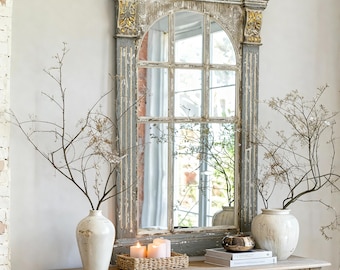 French Country Arch Mirror – Distressed Windowpane, Entryway Decor (51.5")