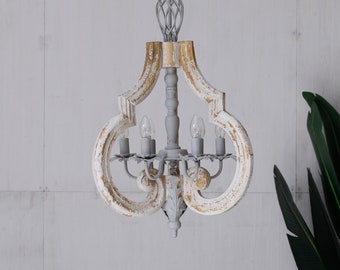 Distressed French Country Chandelier – Rustic Wood and Metal Hanging Light for Farmhouse Decor