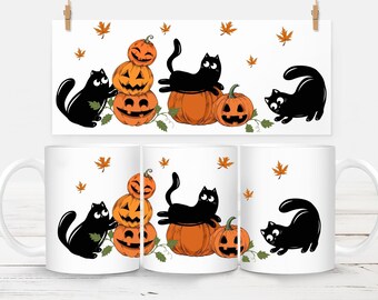 May include: Three white mugs with black cats and orange pumpkins. The mugs have a Halloween theme.