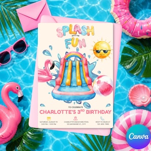 May include: A rectangular birthday invitation card featuring a colorful inflatable water slide, a smiling sun with sunglasses, a pink flamingo float, and a beach ball. The text reads: SPLASH INTO THE FUN TO CELEBRATE CHARLOTTE'S 3RD BIRTHDAY.
