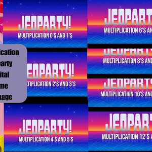 May include: A digital multiplication Jeopardy game package with a retro 80s design. The package includes games for multiplying numbers 0-13.