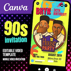 Convite de aniversário dos anos 90 | Convite para festa retrô dos anos 90 | Modelo editável do Canva | Convite para festa em casa com tema dos anos 90