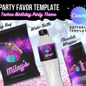 Techno Birthday Party Favor Template: Chip Bag, Water Bottle, Chocolate Wrapper (Digital Download)