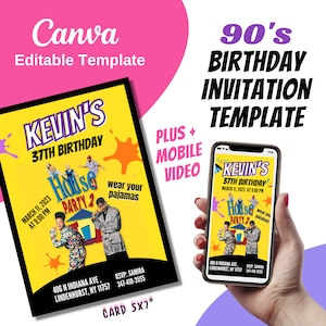 Birthday Invitation Template | 90s Canva Editable | House Party, Pajama Party Vibe