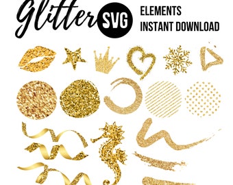 Puede incluir: Un conjunto de 15 elementos SVG de purpurina dorada, que incluyen un corazón, una estrella, una corona, un copo de nieve, labios, una cinta y más.  Elementos SVG de purpurina Descarga instantánea.