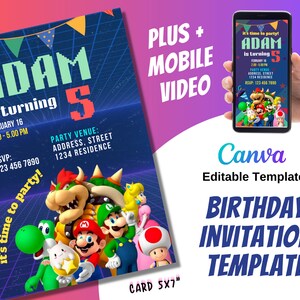 Geburtstagseinladung Vorlage Mario Bros Geburtstagseinladung Thema Vorlage | Canva Bearbeitbar | Party einladen