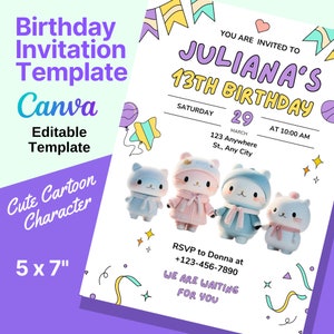 Modelo de cartão de aniversário Modelo de cartão de convite de aniversário de menina com tema de personagem bonito | Canva editável | Download digital | Modelo para impressão