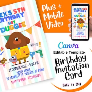 Sjabloon verjaardagsuitnodiging Duggee verjaardagskaart uitnodiging 5 x 7 plus mobiele video-uitnodiging | Bewerkbare canvassjabloon | Afdrukbaar