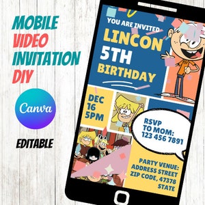 Modello di invito di compleanno / Invito video mobile di compleanno di Loud House / Canva modificabile / Festa fai da te