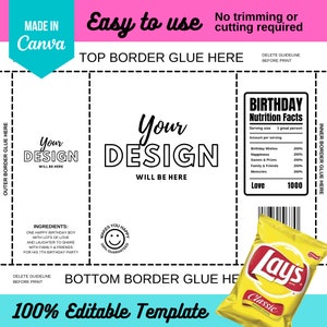 May include: Printable birthday party template with a design space for a personalized message and a nutrition facts label with a humorous take on birthday essentials. The template includes a graphic of a bag of Lay's potato chips.