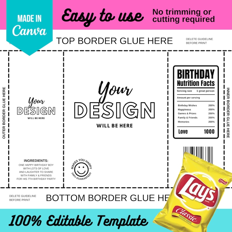 May include: Printable birthday party template with a design space for a personalized message and a nutrition facts label with a humorous take on birthday essentials. The template includes a graphic of a bag of Lay's potato chips.