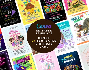 Birthday Invitation Design Collection Combo: 21 Birthday Invitation Card Themes | Canva Editable | DIY Digital Items Printable template