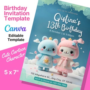 Modelo de cartão de aniversário Modelo de cartão de convite de aniversário de menina com tema de personagem bonito | Canva editável | Download Digital | Delícia para impressão