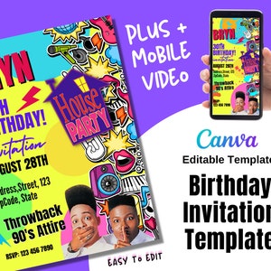 Invito di compleanno anni '90 / Invito per festa retrò anni '90 / Modello Canva modificabile / Invito per festa in casa a tema anni '90