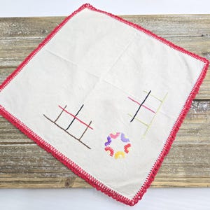 Vintage Handmade Doily- With Red Crochet Edge and Embroidery perfect for crafts & decor