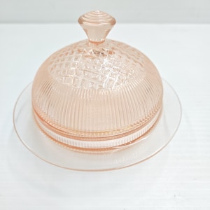 Jeannette Glass Pink Depression Glass Homespun butter dish with lid. Rare Pink Glass Vintage 1930's
