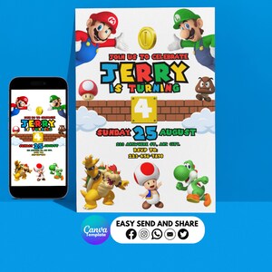 Editable Super Mario Digital Birthday Invitation, Mario invitation DIGITAL FILE, Digital Kids Birthday Invitations, Mario Bros Template