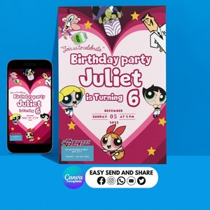Bewerkbare Powerpuff Girls uitnodiging, aangepaste verjaardagsfeestje uitnodigen, superheld meisjes, cartoon thema, gepersonaliseerde printables