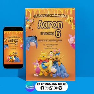 Bearbeitbare POOH Digitale Geburtstagseinladung, Pooh Einladung DIGITALDATEI, digitale Kinder Geburtstagseinladungen, Canva, Pooh Vorlage