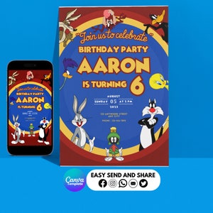 Bewerkbare LOONEY TUNES uitnodiging, cartoon feestuitnodiging, kinderverjaardagsuitnodiging, leuk karakterthema, Looney Tunes sjabloon