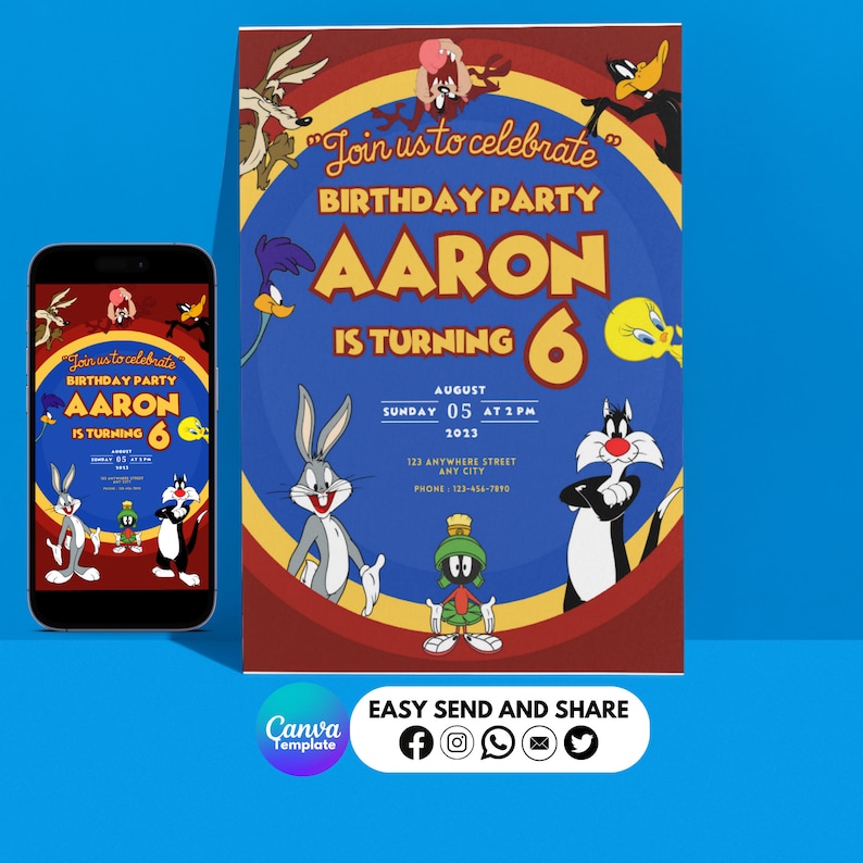 Editable LOONEY TUNES Invitation, Cartoon Party Invite, Kids Birthday