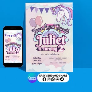 UNICORN RAINBOW Party Invitation, Editable unicorn birthday invitation , the invitation, Digital Kids Birthday, Instant Download, Canva