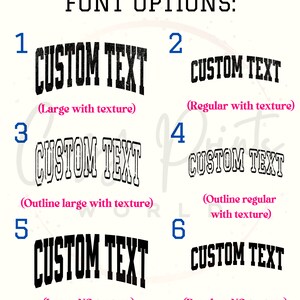 May include: Six different font options for customizing text. The options include large and regular font sizes with and without texture. The text reads "CUSTOM TEXT" in each example.