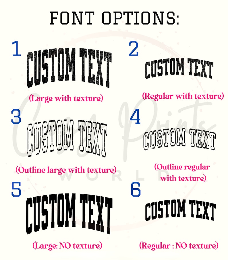 May include: Six different font options for customizing text. The options include large and regular font sizes with and without texture. The text reads "CUSTOM TEXT" in each example.