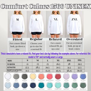 May include: A size chart for unisex sweatshirts in various colors. The chart shows the measurements for width, length, and sleeve length in inches for sizes S, M, L, XL, 2XL, and 3XL. The chart also includes a description of the fit for each size: fitted, regular, relaxed, and oversized.