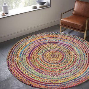 home decor Round Jute Rug with Cotton Rags, Accent Rug for home and living , floor and rugs handmade
