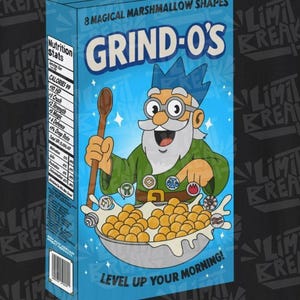 Pode incluir: Uma caixa de cereais azul com o texto "GRIND-O'S" e "8 Magical Marshmallow Shapes". A caixa apresenta um desenho animado de um mago segurando uma colher de pau sobre uma tigela de cereais. O texto "LEVEL UP YOUR MORNING!" está na parte inferior.