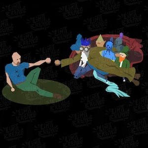 May include: A digital illustration of a group of characters, including a wizard, a knight, a goblin, and a gnome, reaching out to touch the hand of a man in a blue shirt. The characters are all wearing colorful clothing and hats. The background is black with a repeating pattern.