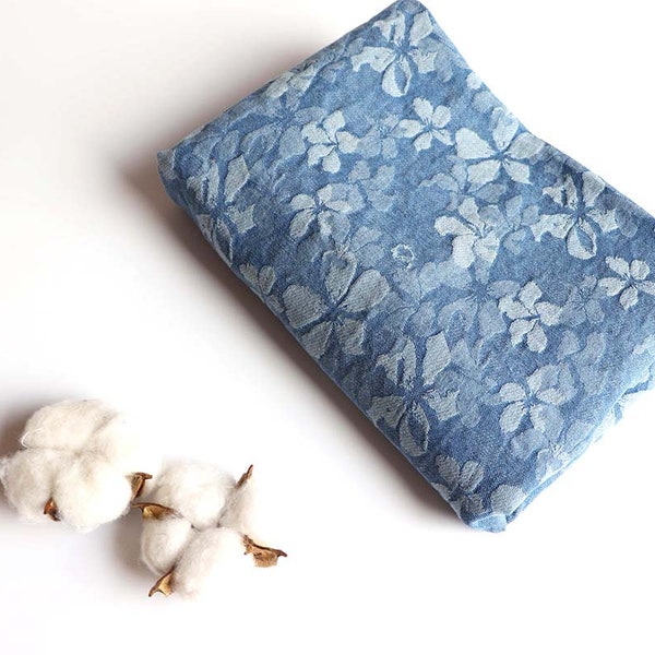 Floral Printed Denim Fabric, Blue Stretch Cotton Denim Fabric, jacquard Soft Denim Fabric, By the Half Meter