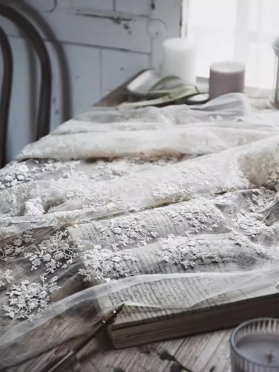 White Lace Silk Fabric,Embroidered Floral Fabric,Upholstery Fabric,Designer Fabric,Dress Fabric,Wedding Fabric,Silk Fabric,By the Half Meter
