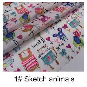 May include: White fabric featuring a repeating pattern of colourful cartoon animals, including a cat, a bird, a mouse, and a bear. The animals are drawn in a simple, childlike style and have words like "chirp", "tweet", and "squeak" written next to them. The fabric is ideal for crafting projects, such as making clothes, bags, or home decor.