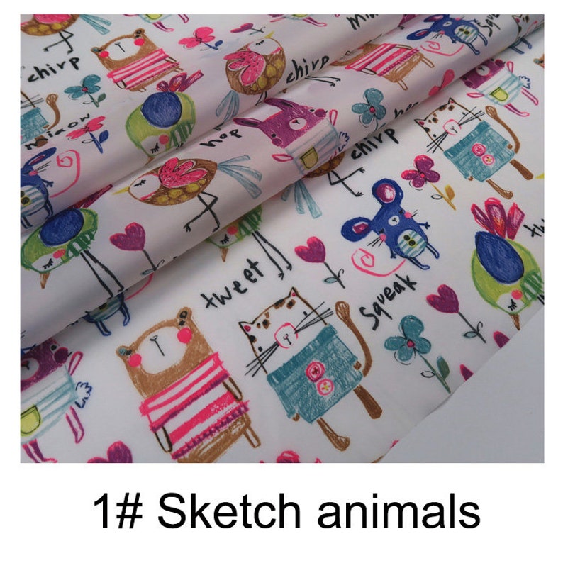 May include: White fabric featuring a repeating pattern of colourful cartoon animals, including a cat, a bird, a mouse, and a bear. The animals are drawn in a simple, childlike style and have words like "chirp", "tweet", and "squeak" written next to them. The fabric is ideal for crafting projects, such as making clothes, bags, or home decor.