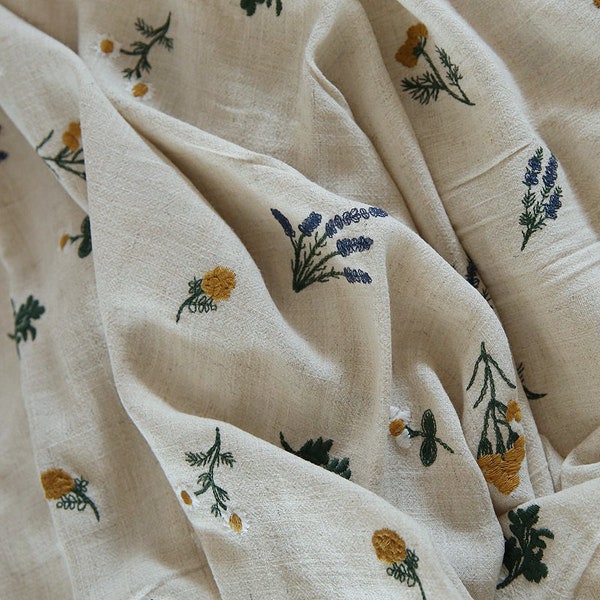 Tela bordada de lino floral, tela bordada de plantas, tela de lino floral vintage, tela acolchada, tela de diseñador, por medio metro