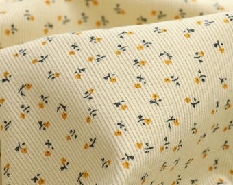 Tela de pana floral, estampado de flor amarilla pequeña 100% tela de pana de algodón, tela de vestidos, tela de tapicería, por medio metro
